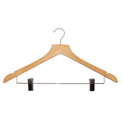 BASIC wooden hanger with metal clips, hook, light wood
