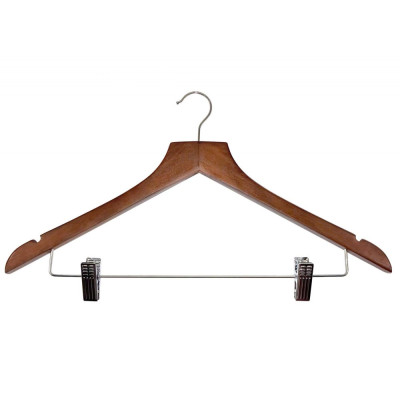 BASIC wooden hanger with metal clips, hook, dark wood