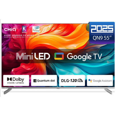 CHiQ M55QN9V – UHD MiniLED frameless Google TV with DLG 120 Hz, 55” (140 cm), metallic, Dolby Atmos, 2+2 year warranty