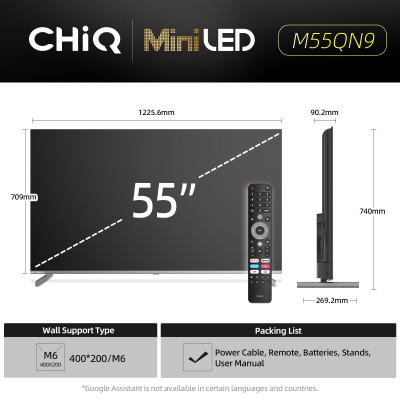 CHiQ M55QN9V – UHD MiniLED frameless Google TV with DLG 120 Hz, 55” (140 cm), metallic, Dolby Atmos, 2+2 year warranty