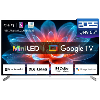 CHiQ M65QN9V – UHD MiniLED frameless Google TV with DLG 120 Hz, 65” (165 cm), metallic, Dolby Atmos, 2+2 year warranty