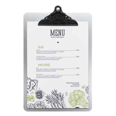 Simple menu A4 for the daily menu with clip, made of metal, silver color