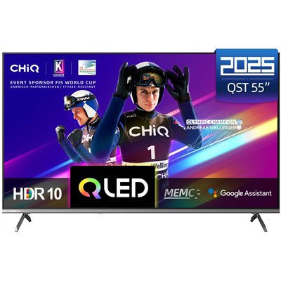 CHiQ U55QST – Televizor Google UHD QLED fără ramă cu DLG 120 Hz, 55” (140 cm), ultrasubțire, garanție 2+2 ani