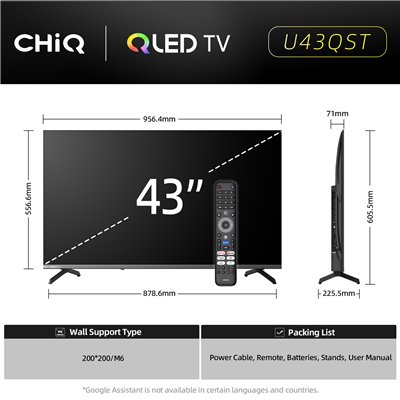 CHiQ U43QST – UHD QLED Google TV bez okvira s DLG 120 Hz, 43” (109 cm), ultra tanki, 2+2 godine jamstva