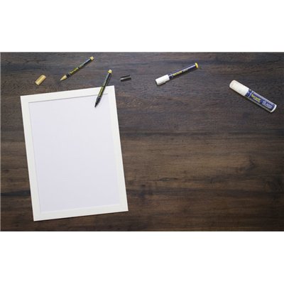 Wall board with wooden frame, lacquered, white, with 1 black and 1 gold label, 30 x 40 cm